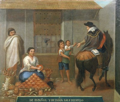 Três figuras por uma banca de mercado de Mexican School