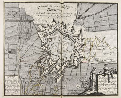 Planta baixa da cidade e fortaleza de Bethune, que foi sitiada pelos Altos Aliados a partir de 14 de julho de 1710. Iul. pelos Altos Aliados e conquistada a 30 de agosto. Ago. com Acordo conquistado / Engineer Meyer ad vivum delineavit. de Meyer
