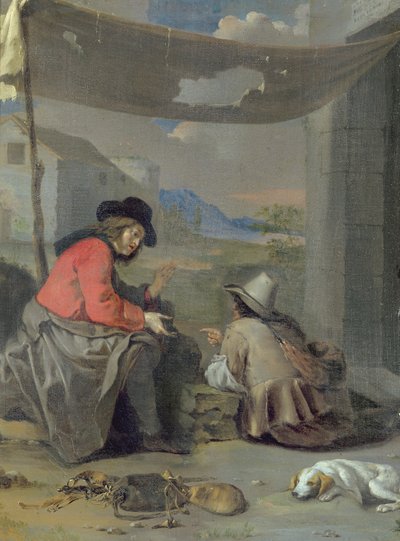 Duas figuras sentadas com um cachorro (óleo a bordo) de Michael (attr. to) Sweerts