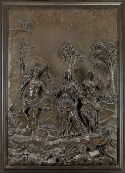 Os relevos de Stowe: Mercúrio conduzindo poesia trágica e cômica para a colina de Parnaso, c.1740 (lenha bronzeada) de Michael (attr.to) Chuke