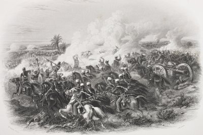 A Batalha de Moodkee, 1845, gravada por CH Jeens, da &39;Galeria de Retratos Históricos&39;, publicada em 1880 de Michael Angelo Hayes