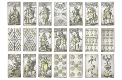 Detalhe de um conjunto extremamente raro de 52 cartas de jogar gravadas nos quatro naipes italianos, Augsburg de Michael Froemmer