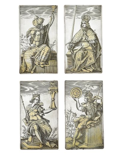 Detalhe de um conjunto extremamente raro de 52 cartas de jogar gravadas nos quatro naipes italianos, Augsburg de Michael Froemmer