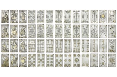 Conjunto extremamente raro de 52 cartas de jogar gravadas nos quatro naipes italianos, Augsburg de Michael Froemmer
