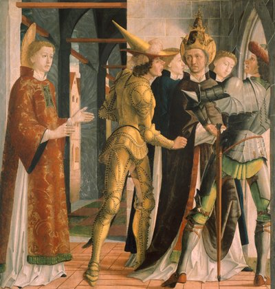Papa Sisto II despedindo-se de São Lourenço, cerca de 1465, por Michael Pacher (cerca de 1430-1498), painel de Michael Pacher