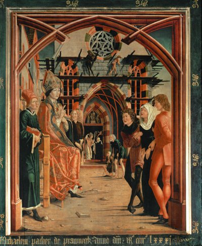 São Wolfgang cura a mulher possuída que lhe é apresentada de Michael Pacher