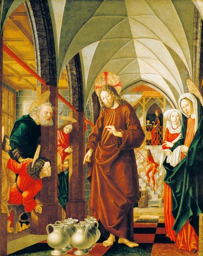 Casamento em Caná, painel de Stories of Christ, Altarpiece St Wolfgang de Michael Pacher