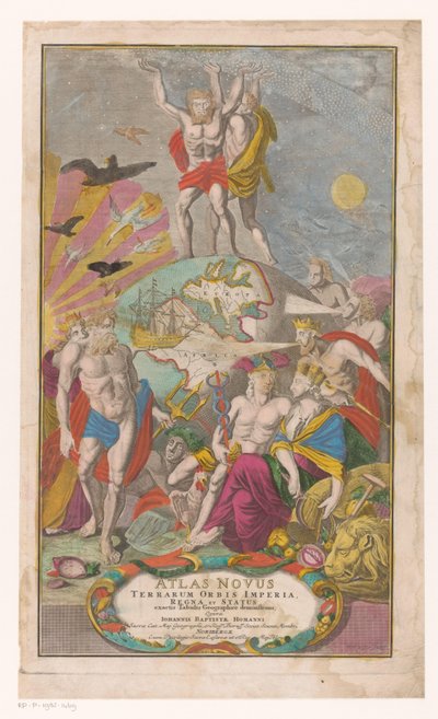 Atlas e Hércules transportam céus estrelados
Página de título para: Johann Baptista Homann, Atlas Novus Terrarum Orbis Imperia, Regna et Status exactis Tabulis Geographicè demonstrans, 1729 de Michael Rössler