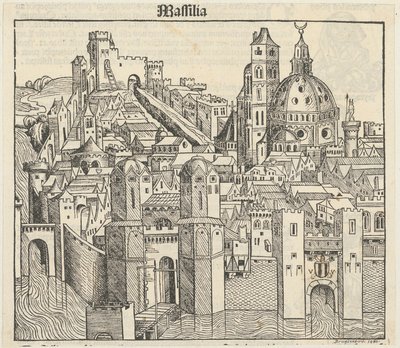 Phantasieansicht der Stadt Marseille [recto], drei Porträts (Phereades, Pythagoras und Sappho) [verso] de Michael Wolgemut