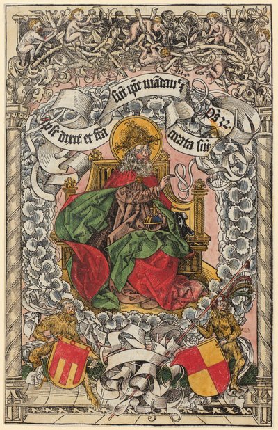 Titelholzschnitt mit Gottvater auf dem himmlischen Thron, die Hand segnend erhoben de Michael Wolgemut