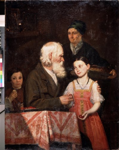 Páscoa. Um velho dá ovos vermelhos à sua neta, a avó traz um pãozinho tradicional da Páscoa. Pintura de Michail Andreevich Mokhov (1819-1903), óleo sobre tela de Michail Andreevich Mokhov