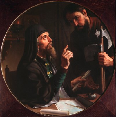 O higoumene (hegoumene) do Laurel da Santíssima Trindade (Trinite-Saint-Serge) Dionísio Zobninovsky apresenta um ato eclesiástico (Hegúmeno da Lavra Dionísio Zobninovsky apresenta um ato eclesiástico) - Pintura de Mikhail Ivanovich Skotti (18). de Michail Ivanovich Skotti