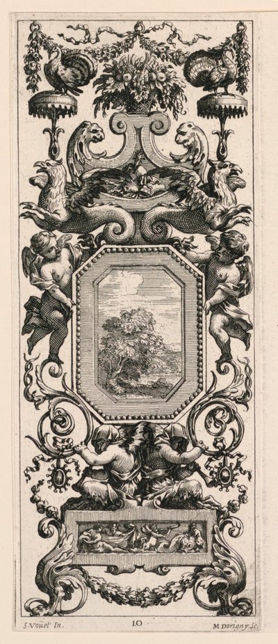 Painel Ornamental encimado por Cesto de Flores e Guirlanda, placa 10 do Livro dos Diversos Grotescos pintado no Gabinete e Termas do Reyne Regente, no Paço Real de Michel Dorigny