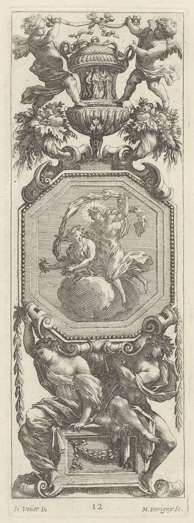 Painel Ornamental encimado por dois Putti e um vaso de Michel Dorigny, after Simon Vouet