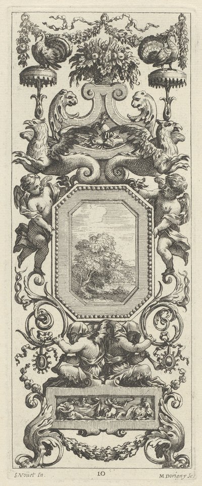 Painel ornamental encimado por uma cesta de flores e uma guirlanda de Michel Dorigny, after Simon Vouet