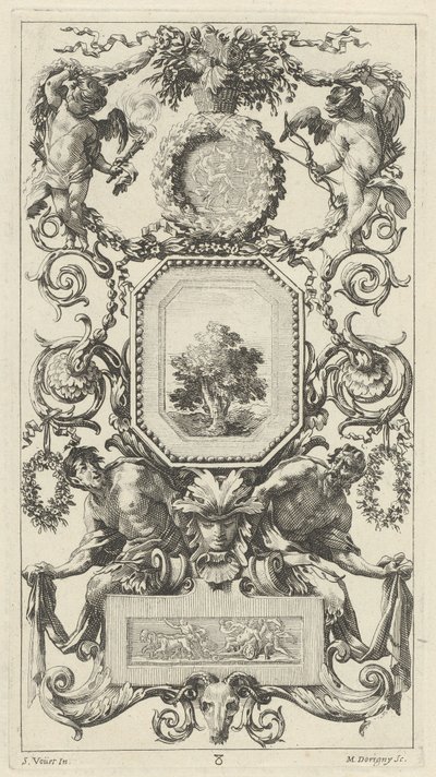 Painel ornamental encimado por uma cesta de flores com cupido e hímen de Michel Dorigny, after Simon Vouet