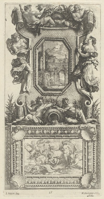 Painel ornamental encimado por uma náiade e um deus do rio de Michel Dorigny, after Simon Vouet