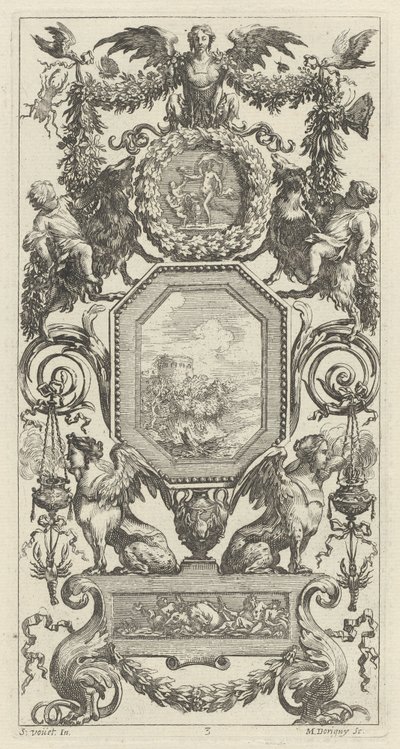 Painel Ornamental encimado por uma Harpia Alada de Michel Dorigny, after Simon Vouet
