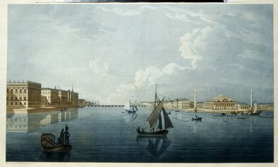 A Bolsa de Valores e o Palácio de Mármore em São Petersburgo. Descrição das margens do Neva. Obra de Michel François Damam Demartrait (1763-1827), litografia, cenário de Michel Francois Damam-Demartrait