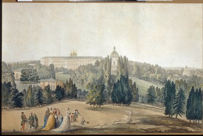 Vista de Tsarkoye Selo (São Petersburgo). Vista de Tsarkoye Selo. A Imperatriz Catherine II Caminhando. Obra de Michel Francois Damam Demartrait (1763-1827), gravura e aguarela. Arte francesa de Michel Francois Damam-Demartrait