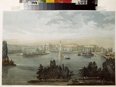 Vista de Tsarkoye Selo. Vista de Tsarkoye Selo. A Coluna Chesme. Obra de Michel Francois Damam Damartrait (1763-1827), gravura colorida com aguarela de Michel Francois Damam-Demartrait