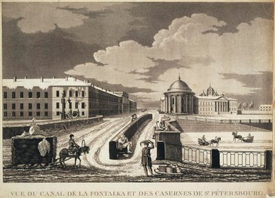 Vista da ponte e do quartel Izmailovsky do outro lado do rio Fontanka, final do século XVIII. de Michel François Damame Demartrais