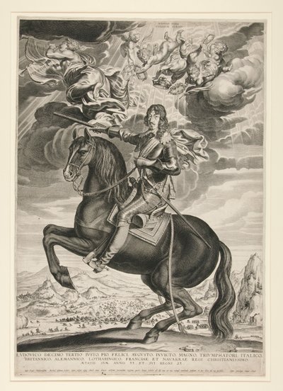 Retrato equestre de Luís XIII (Bourbon) (1601-1603) com a idade de 33 anos. Paisagem é depois de Callot de Michel Lasne