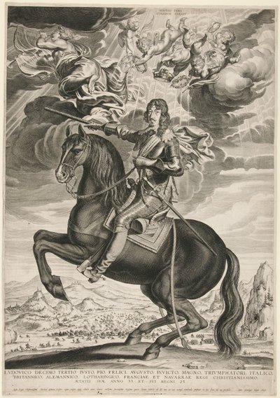 Retrato equestre de Luís XIII (Bourbon) (1601-1603) aos 33 anos de idade. A paisagem é segundo Callot de Michel Lasne