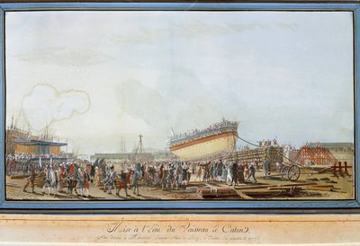 O lançamento do navio Le Caton no porto de Toulon, na presença do Conde de Provença, em Julho de 1777 (Gouache de Michel de Toulon