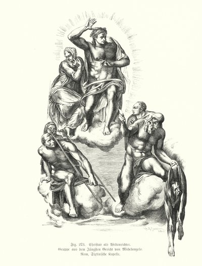 Cristo Juiz, detalhe do Juízo Final de Miguel Ângelo, pintura na parede do altar da Capela Sistina, Basílica de São Pedro, Roma, Itália (gravura) de Michelangelo (after) Buonarroti