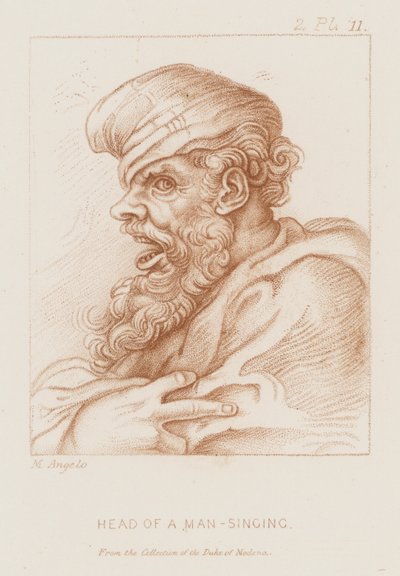 Cabeça de um homem a cantar (gravura) de Michelangelo (after) Buonarroti