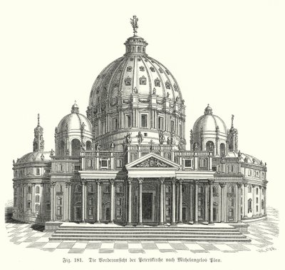 Vista do desenho de Miguel Ângelo para a fachada da Basílica de São Pedro, Roma, Itália (gravura) de Michelangelo (after) Buonarroti
