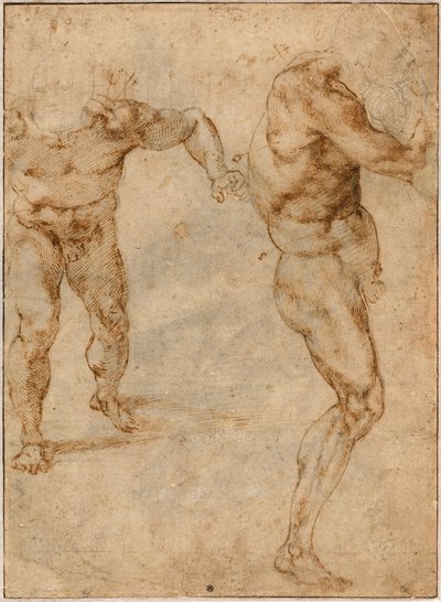 Dois estudos de nu de um homem que avança e de outro que se vira para a direita de Michelangelo