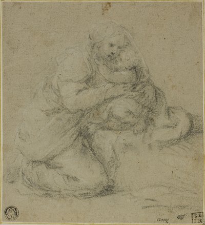 Mãe ajoelhada abraçando a criança de Michelangelo Anselmi