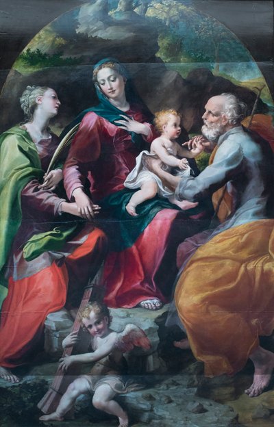 Madona com o Menino e Santa Bárbara, c.1530 (óleo sobre madeira) de Michelangelo Anselmi