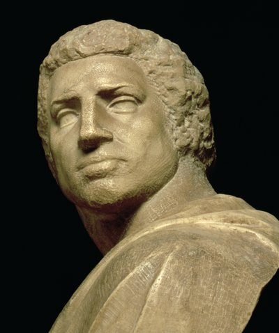 Brutus, detalhe da cabeça do busto por Michelangelo Buonarroti 1475-1564, c.1539-40 detalhe de mármore de 79848 de Michelangelo Buonarroti