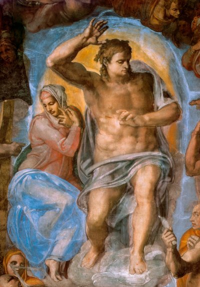 Detalhe do Juízo Final: Cristo Juízes. Fresco de Michelangelo Buonarroti, conhecido como Michelangelo (Michelangelo ou Michelangelo de Michelangelo Buonarroti