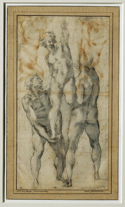 Dois homens nus levantando um terceiro, c. 1502-06 ... de Michelangelo Buonarroti