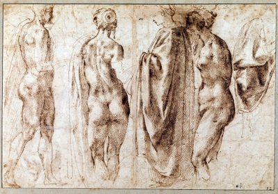 Grupo de quatro figuras de pé e um drapeado Desenho na caneta de Michelangelo Buonarroti dit Michelangelo (Michelangelo ou Michel Ange de Michelangelo Buonarroti