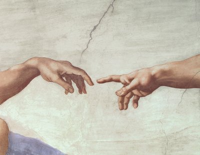Mãos de Deus e Adão, detalhe da criação de Adão, do teto da Capela Sistina, 1511 (pré restauração) de Michelangelo Buonarroti