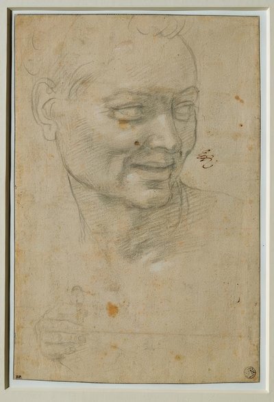 Cabeça e mão direita do Ignudo acima e à esquerda de Isaías de Michelangelo Buonarroti