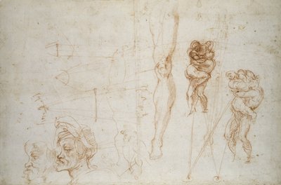 Hércules e Anteu e outros estudos, c.1525-28 (giz no papel) de Michelangelo Buonarroti
