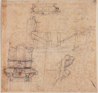 Estudos diversos, para um São João Batista, para um túmulo e esboços arquitectónicos de Michelangelo Buonarroti