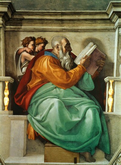Profetas e Sibyls: Zechariah Sistine Chapel ceiling in the Vatican, 1508-1512. de Michelangelo Buonarroti