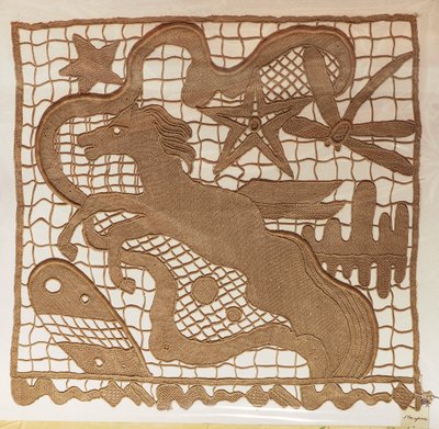 Amostra de renda de agulha e insertos para cortinas, com padrões desenhados a partir de trabalhos do artista Giulio Rosso, Michelangelo Jesurum Manufacture de Michelangelo Buonarroti