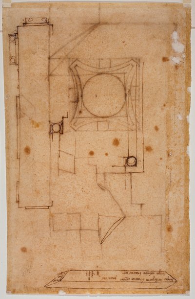 Secção do capitel, planta da fachada e esboços com anotações autógrafas das medidas de Michelangelo Buonarroti