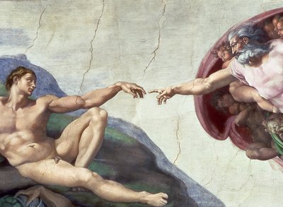Teto da Capela Sistina: Criação de Adão, detalhe dos braços estendidos, 1510 restauração pós-afresco de Michelangelo Buonarroti