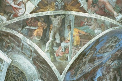 Capela Sistina Teto: Haman (spandrel) (pré restauração) de Michelangelo Buonarroti