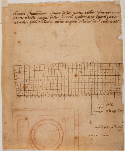 Esboço de uma janela, anotações autógrafas e cálculo gráfico de Michelangelo Buonarroti