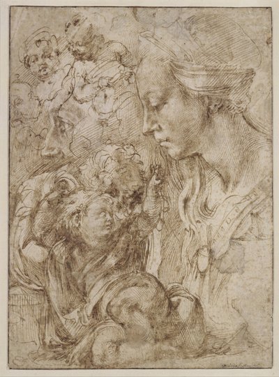 Estudos para uma Sagrada Família com João Batista quando criança, 1505 de Michelangelo Buonarroti